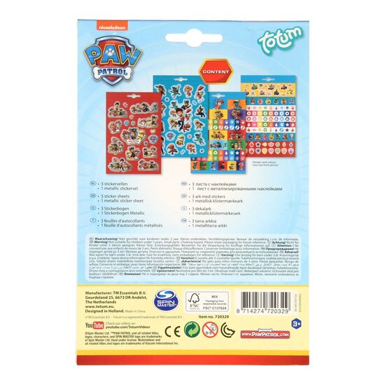 Totum PAW Patrol Stickervel, 4st.