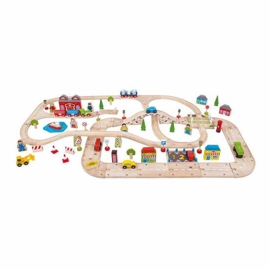 Bigjigs Houten Treinbaan en Autoweg Set, 105-delig
