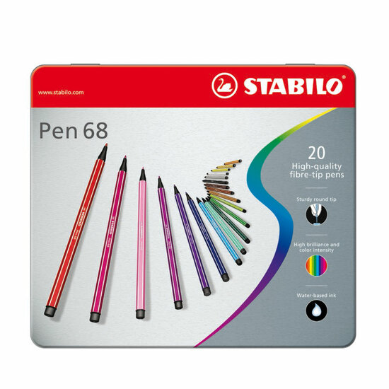 STABILO Pen 68 - Viltstift - Metalen Doos Met 20 Stuks