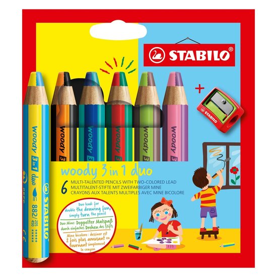 STABILO woody 3 in 1 Duo - Multitalent Kleurpotlood - Set 6 St. + Puntenslijper