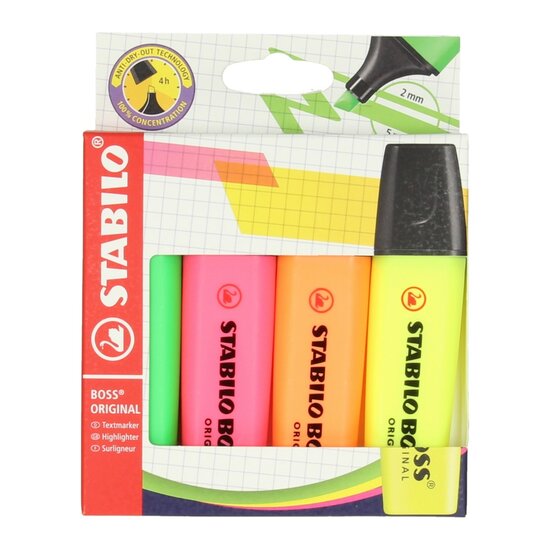 STABILO BOSS ORIGINAL - Markeerstift - Set Met 4 Stuks