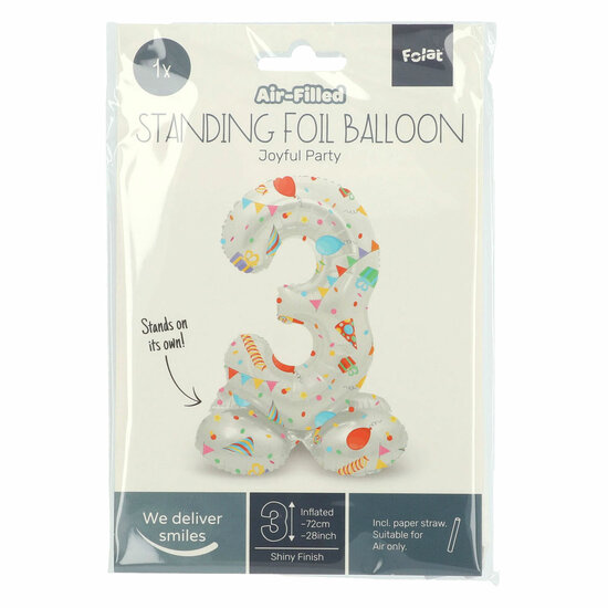 Staande Folieballon Joyful Party Cijfer 3 -72cm