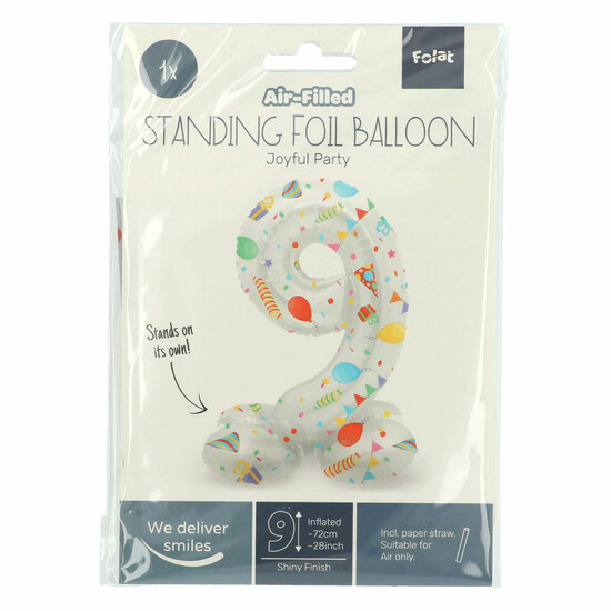 Staande Folieballon Joyful Party Cijfer 9 -72cm