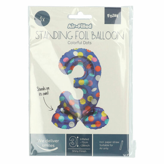 Staande Folieballon Colorful Dots Cijfer 3 - 72cm