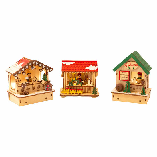 Small Foot - Houten Decoratie Kerstmarkt met Lampjes, Set van 3