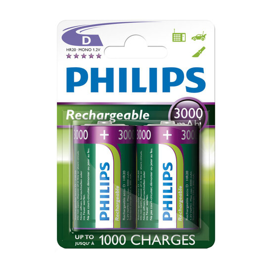 Oplaadbare Batterijen Philips Rechargeable NimH D/HR20 3000mah, 2st.