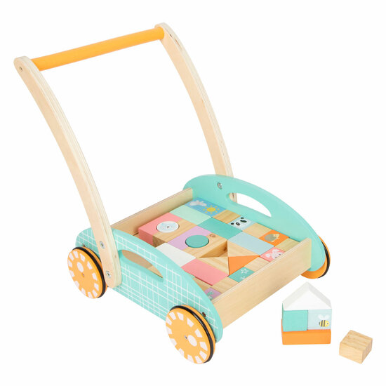 Small Foot - Houten Baby  Walker Loopwagen met Blokken Pastel, 35dlg.