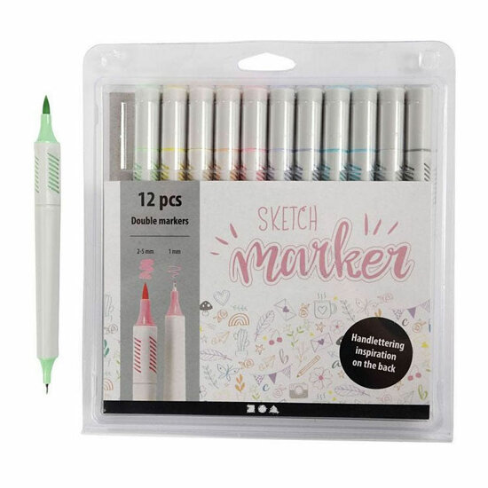 Handletter Stiften Pastelkleuren, 12st. Dubbelzijdig