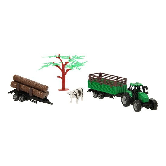 Tractor met Aanhangwagen, Boomstammen en Koe
