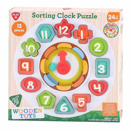 Playgo Houten Sorteer Vormen - en Leerklok  - 13dlg.