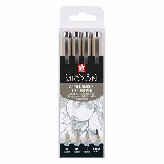 Sakura Pigma Micron Fineliner Set, 4 Maten, Licht Koelgrijs