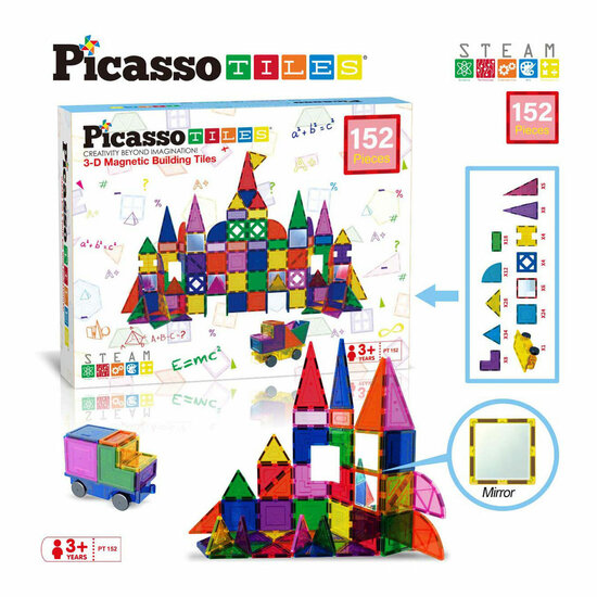 PicassoTiles Blocks and Mirrors - Magnetische Bouwtegels, 152dlg.