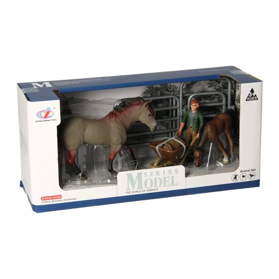 Speelset Paarden met Verzorger - Grijs Bruin