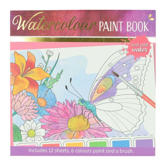 Waterverfkleurblok Volwassenen - Vlinders en Bloemen - incl Penseel en 6 kleuren waterverf