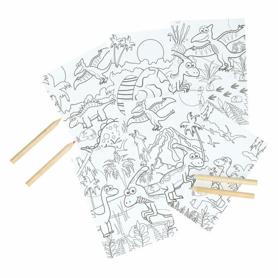 Kleursetje Dino 6 Kleurplaten en 4 Kleurpotloden