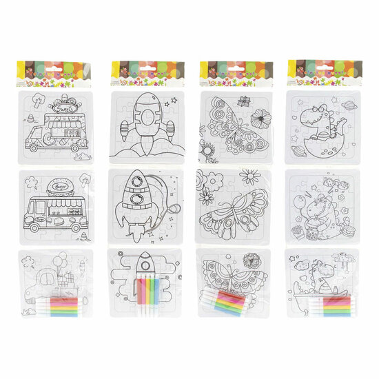 Kleur je eigen Puzzeltjes- 3 puzzeltjes + 5 stiften
