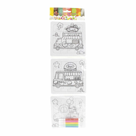 Kleur je eigen Puzzeltjes- 3 puzzeltjes + 5 stiften