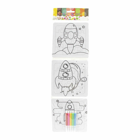 Kleur je eigen Puzzeltjes- 3 puzzeltjes + 5 stiften