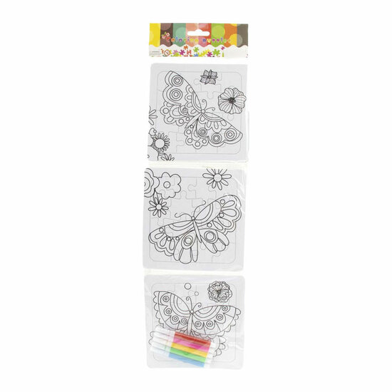 Kleur je eigen Puzzeltjes- 3 puzzeltjes + 5 stiften