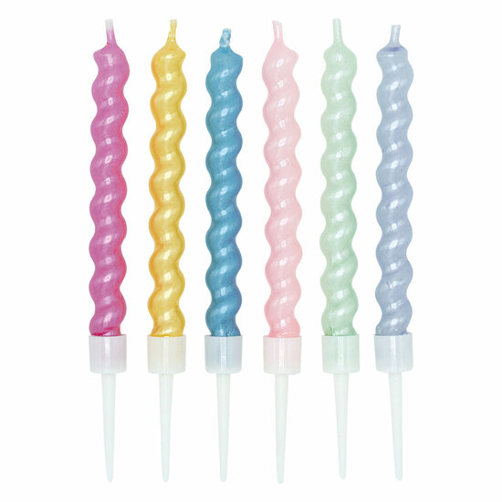 Taartkaarsen 8cm Spiraalvormig met Houders Parelmoer Kleuren - 6st.