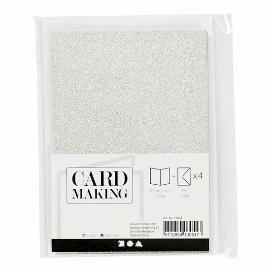 Kaarten en Enveloppen 10,5x15cm Glitter Zilver - 4st.