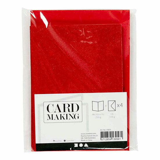Kaarten en Enveloppen 10,5x15cm Glitter Rood - 4st.