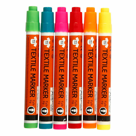 Textielstiften Neon Kleuren - Lijndikte 2-4mm - 6st.