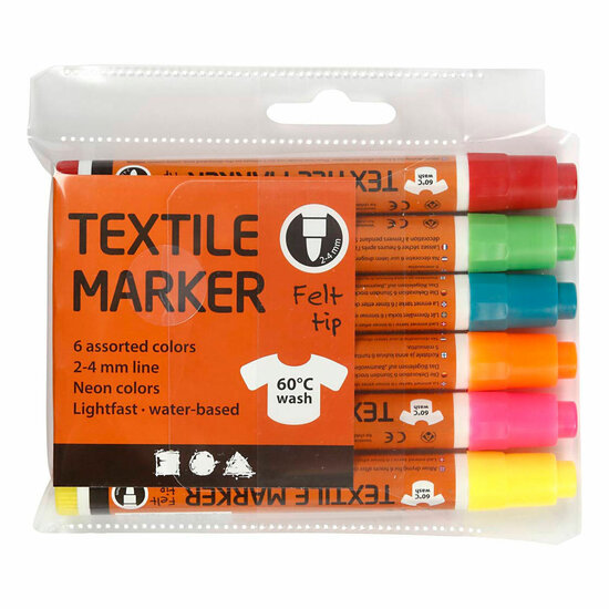 Textielstiften Neon Kleuren - Lijndikte 2-4mm - 6st.