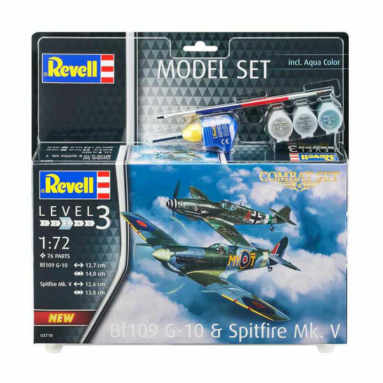 Revell Modelbouwpakket - Combat Set Bf109G-10 &amp; Spitfire Mk.V 1:72 - 76dlg. - Incl. Aqua Color Basiskleuren Verf