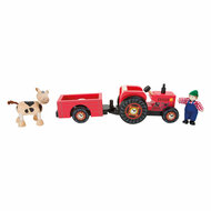 Small Foot - Houten Tractor met Aanhangwagen Rood en Speelfiguren, 4dlg.