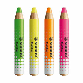 STABILO MARKdry NEON Set van 4 Whiteboard Potloden, Puntenslijper en Reinigingsdoekje